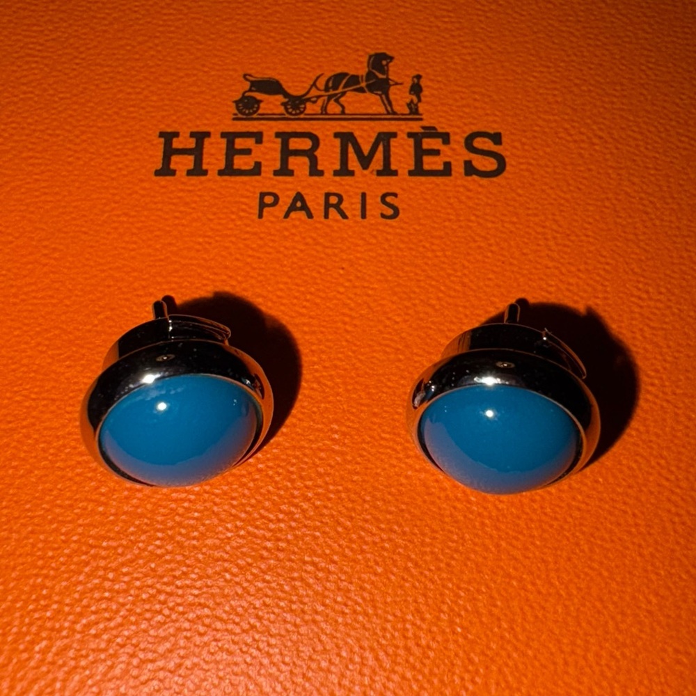 Hermès Eclipse Earrings Teal Blue & Silver ULTRA RARE - Picture 3 of 9